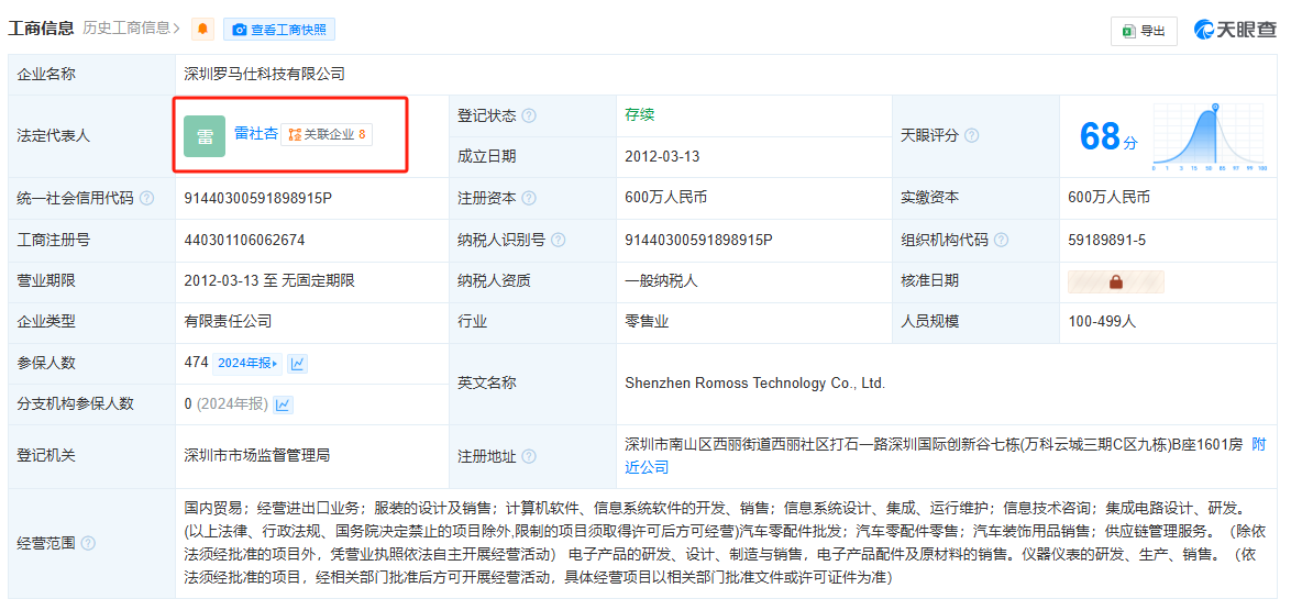 罗马仕再度变更法定代表人