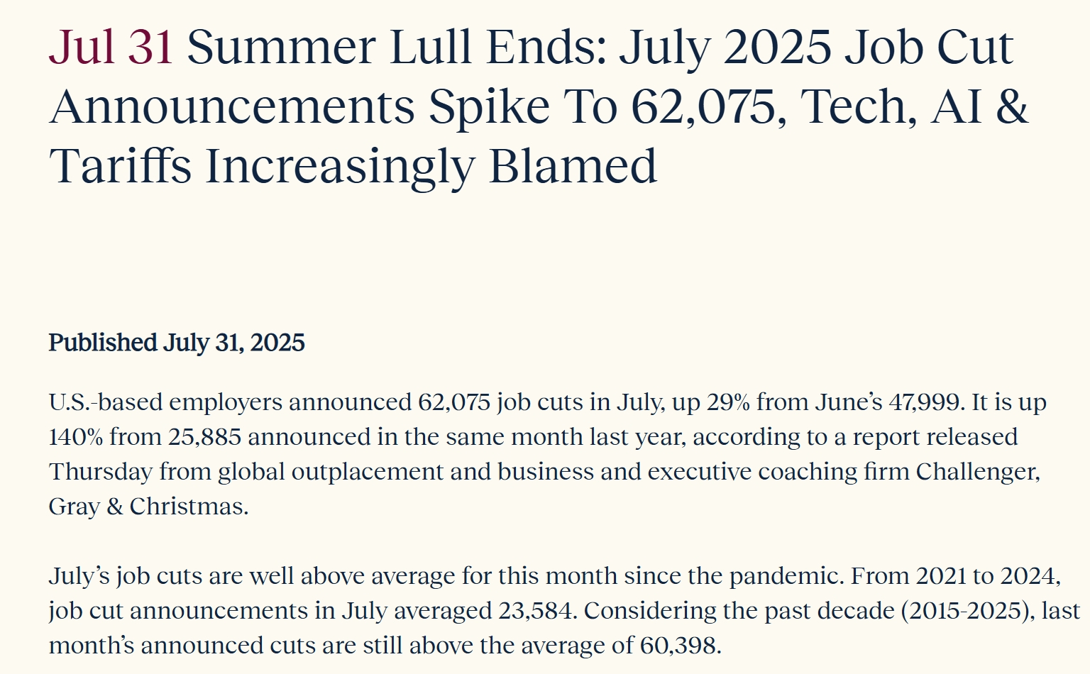 美国7月挑战者裁员数据同比激增140% 原因包括AI和关税