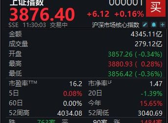 A股大小指数分化，沪指半日微涨0.16%