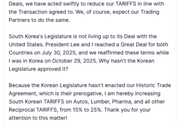 「关税阴霾」卷土重来？特朗普：韩国对贸易协议「不作为」，上调税率至25%！