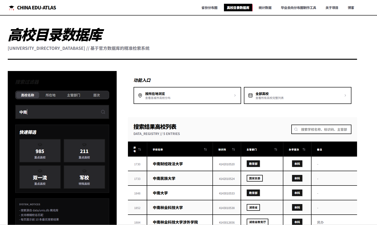 高校名录数据库服务 uni.utities.online