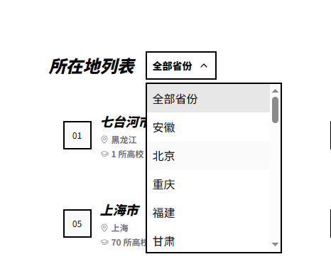 高校名录数据可视化项目中，用于选择省份的下拉菜单组件，采用 Neo-Brutalism 风格设计