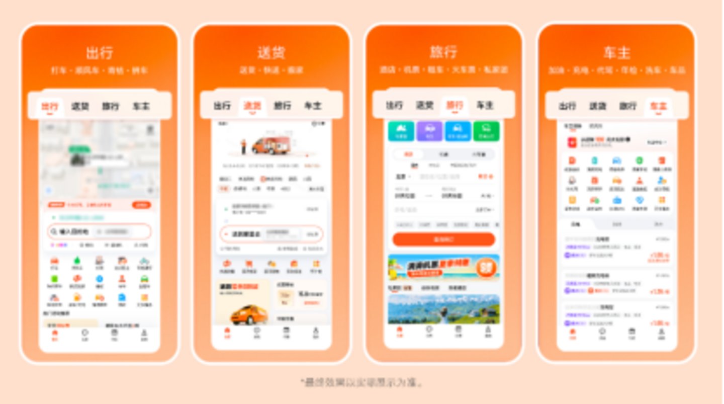 图为：滴滴App 8.0顶部导航栏增加「送货」「旅行」「车主」页
